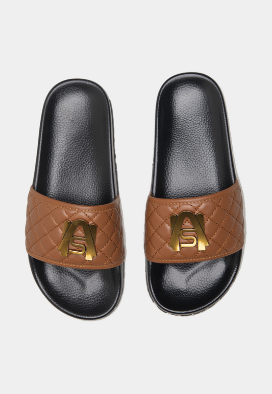 Ashluxe Quilted Leather Slides - Brown